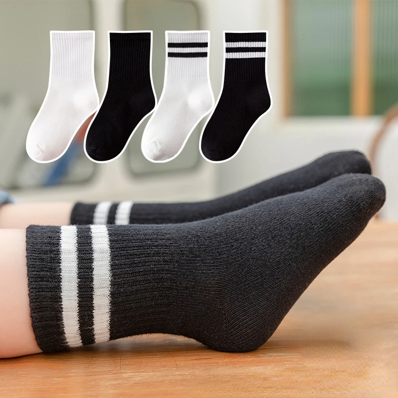 4 Pairs 1-16 Years Kids Socks Boys Girls Spring Cotton Solid Striped School Students Sports Socks Children Socks Teenager Socks