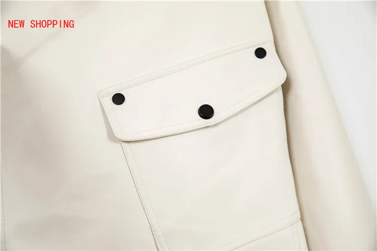 New Women Faux Leather Jacket Soft Loose Vintage Biker Coat Short Pockets Motor PU Black Jacket Autumn Street Leather Coat White
