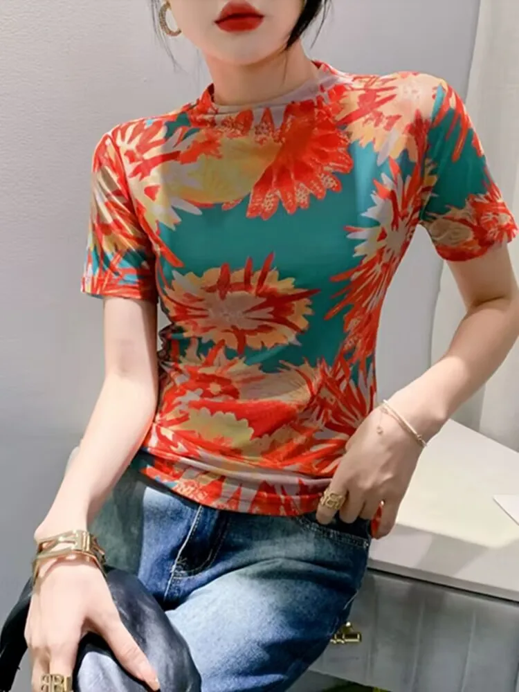 Новое поступление 2024 шикарная элегантная красочная сетчатая женская футболка