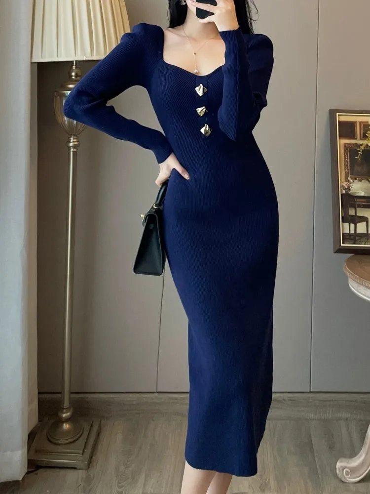

Fashion New Women Elegant Solid Knitted Dress Long Sleeve Bodycon Casual Sweater Dresses Female Chic Outerwear Clothes Vestidos