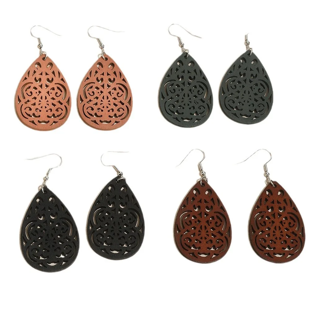 Деревянные ретро богемные полые резные серьги в этническом стиле 4 пары