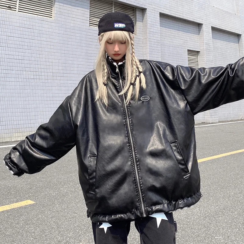Leather Women's 2022 Winter High Street Thickened Cotton-Padded Jacket Design Sense Checkerboard Double-Sided Wear