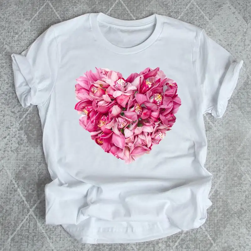 

Women Floral Love New Cute Print Fashion Summer T-shirts Shirt Female Graphic T Top Aesthetic Short Sleeve Cartoon Tee T-Shirt