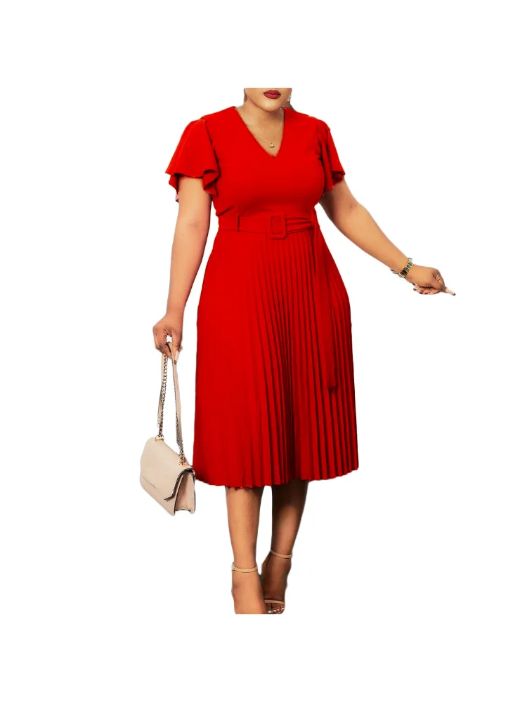 V-Neck Ruffle Sleeve Cross border Large Pleated Mother plus size  party dresses