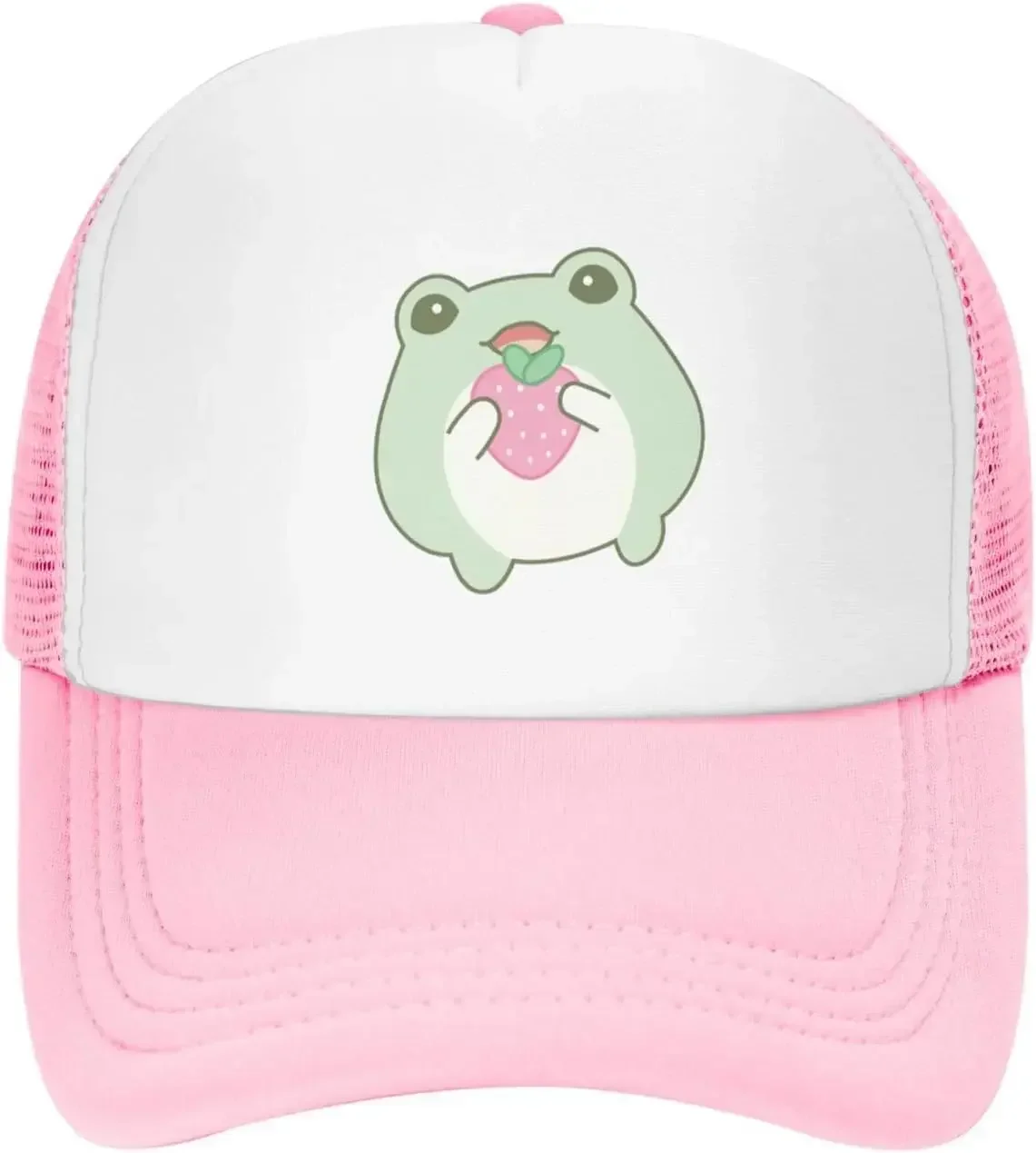 Фото Новая сетчатая бейсболка-тракер в стиле Dad Hat, регулируемая, с эффектом потертости, с забавным принтом лягушки и клубники №1