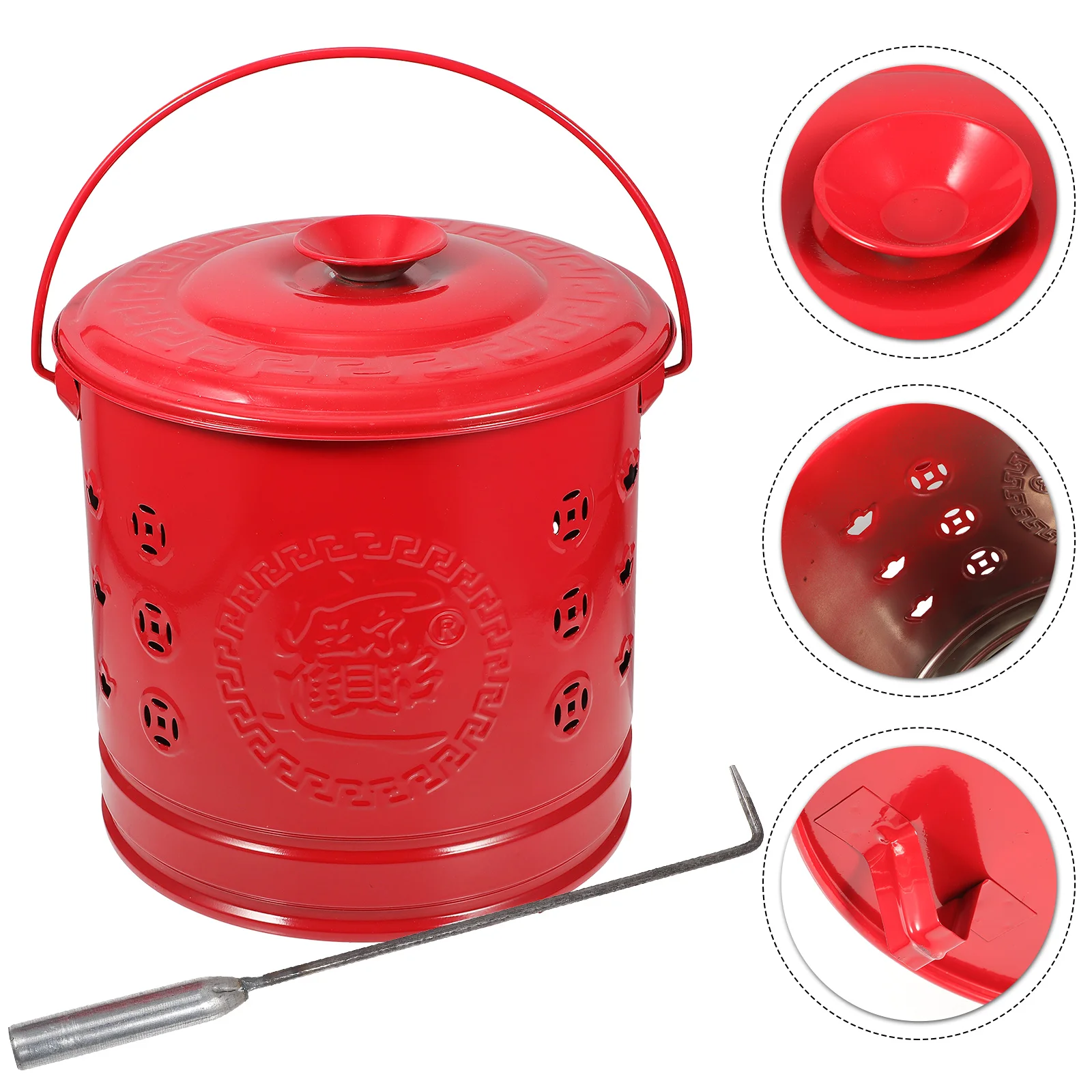 

Red Burning Barrel Treasure Inviting Enamel Worship Furnace Mini Trash Cans Stainless Steel Paper Money Bucket Outdoor Lid