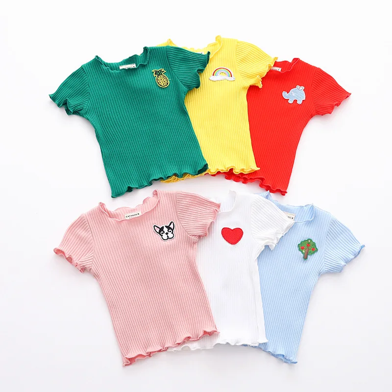 

Baby Girl Clothes Children Casual T-shirt Infant Solid Ribbed Carttoon Appliques T-shirt Toddler Kids Ruffle Short Sleeve Top