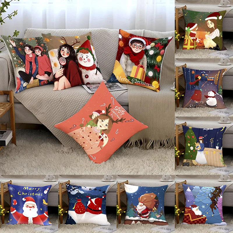 

Christmas Pillow Case Cute Cartoon Characters Peach Velvet Printed Sofa Pillow Cover Multiple Pieces Free Collocation Home Fashi