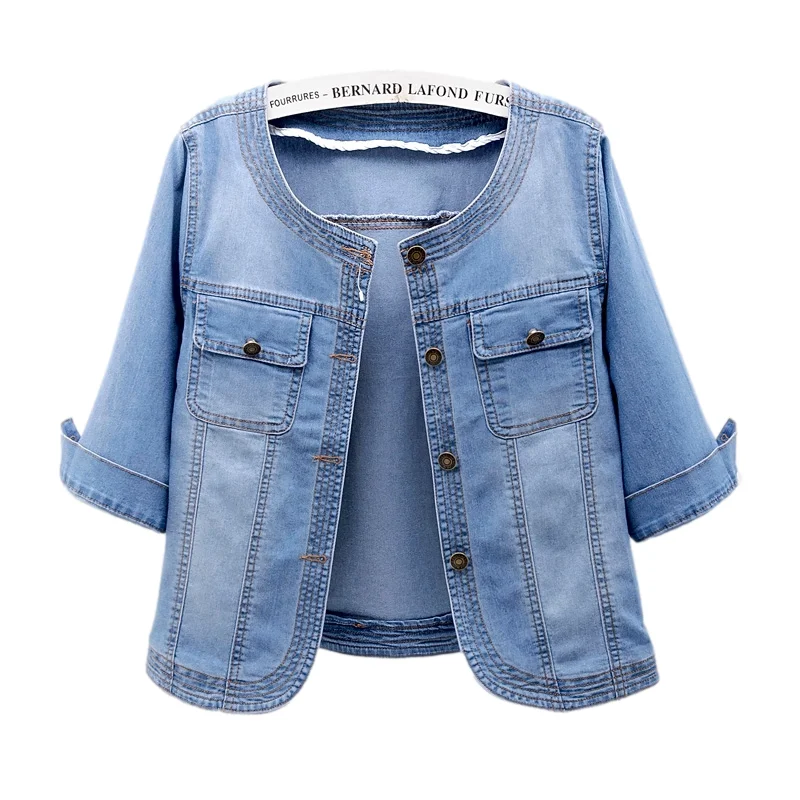

Vintage Blue Slim Short Thin Denim Jackets Women Casual Cowboy Outerwear Korean O Neck Half Sleeve Pocket Jeans Jacket Female