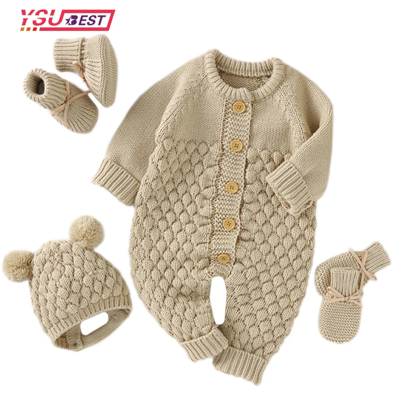 

Newborn Baby Romper Shoes Gloves Set Knit Girl Boy Jumpsuit Boot Mitten Solid Toddler Infant Long Sleeve Clothing Fall 3-24M