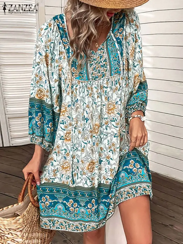

Bohemian Women Summer Floral Sundress 2022 ZANZEA Printed Mini Dress Puff Sleeve Vestidos Female V Neck Robe Femme Oversized
