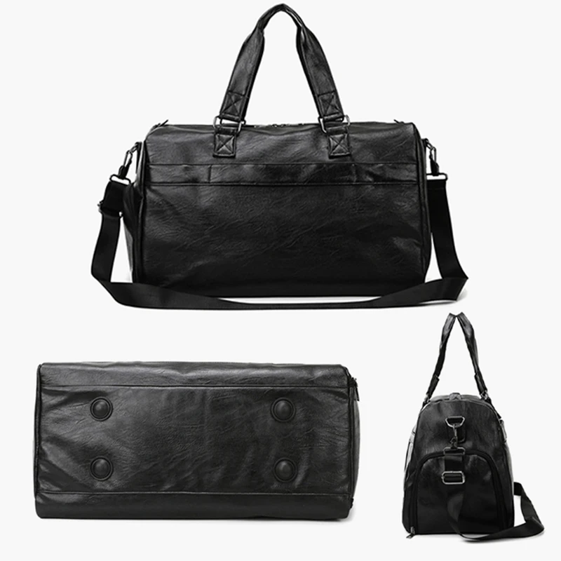 Male PU Leather Travel Bag Black Large Duffle Carry On Luggage Independent Shoes Storage Handbag Fitness Shoulder Handbag XM6