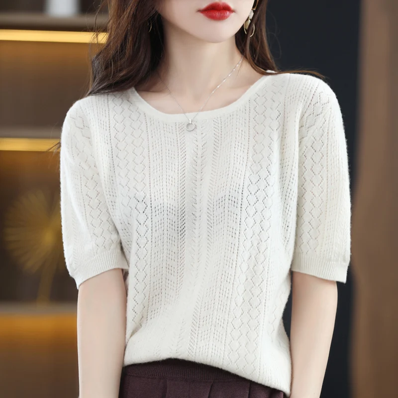 

summer hot sale hollowed-out knitted O-neck pullover women's short-sleeved sweater thin soft comfortable 100% pure wool T-shirt