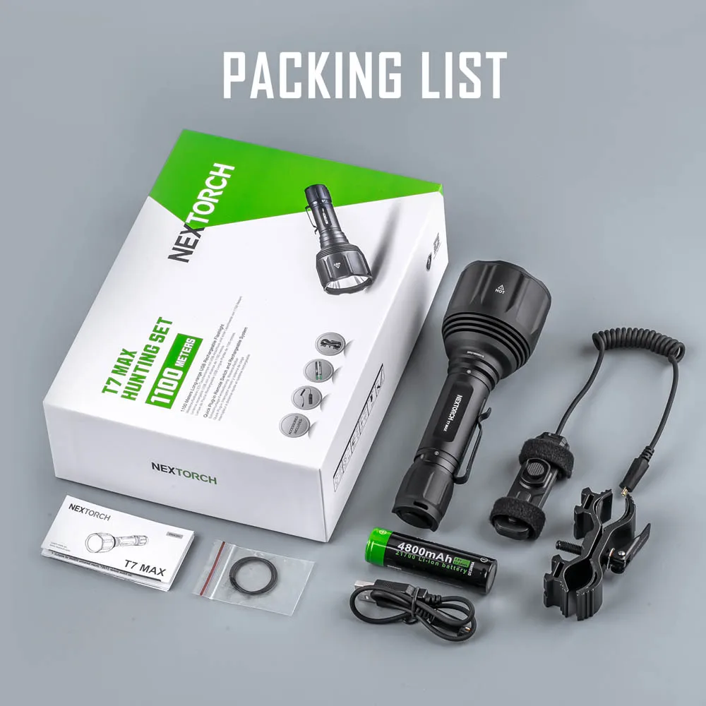 Фото Nextorch T7 MAX SET 1100 м длинный луч мощный фокус водонепроницаемый перезаряжаемый светодиодный охотничий фонарик уличный белый свет №5