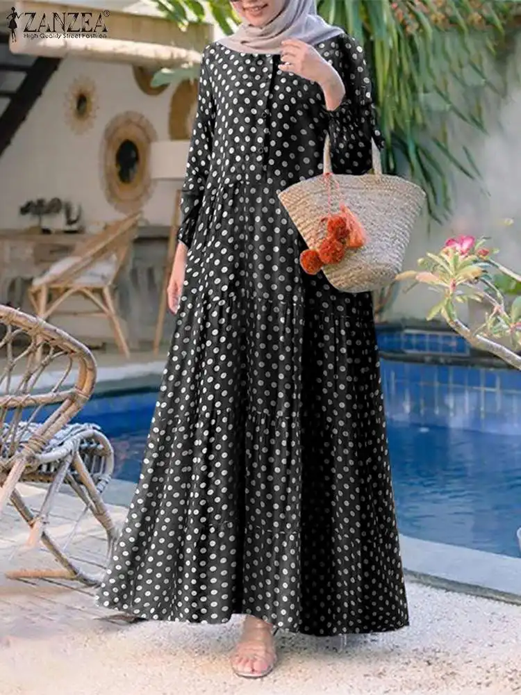 Винтажное платье-хиджаб ZANZEA с длинным рукавом и воланом, женская повседневная одежда в исламском стиле, модный мусульманский сарафан в горо...