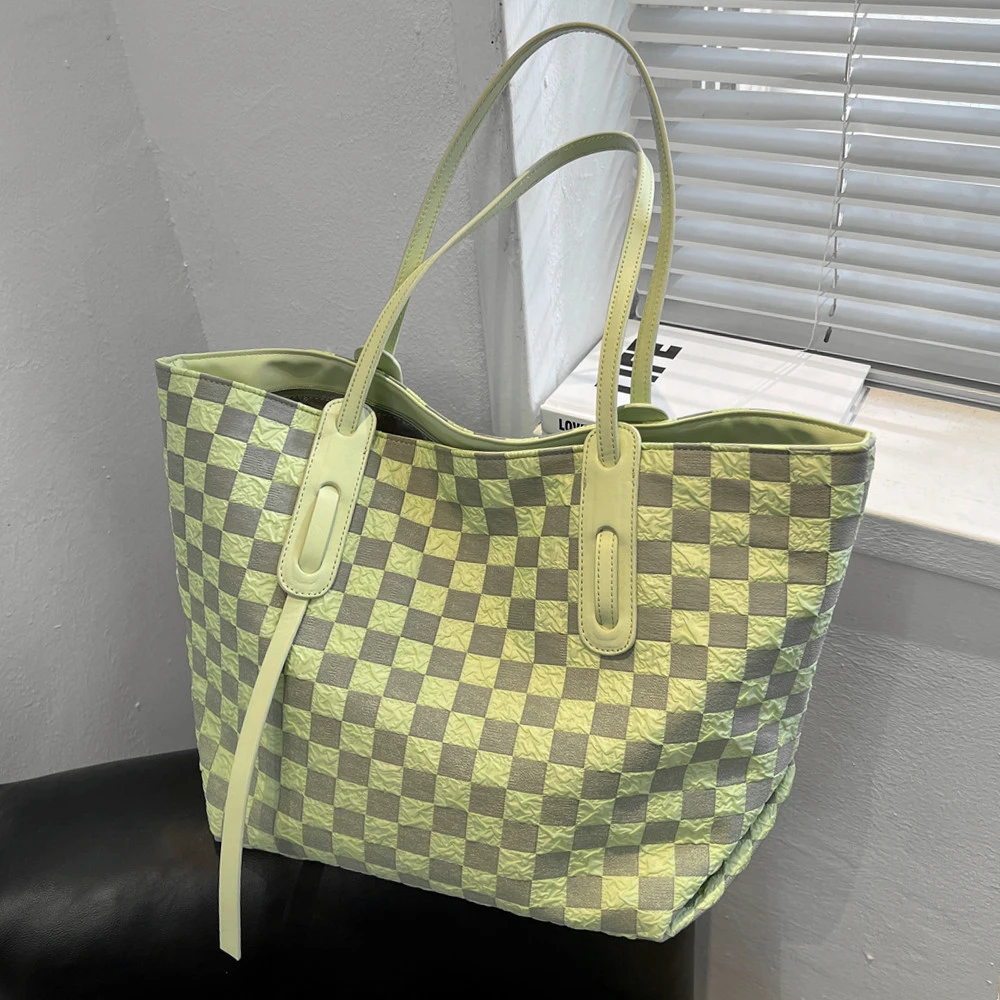 

Summer Checkered Fabric Large Shopper Tote Bags For Women New 2022 Trend Fashion Zipper Closure Simple Shoulder Ladies Handbags