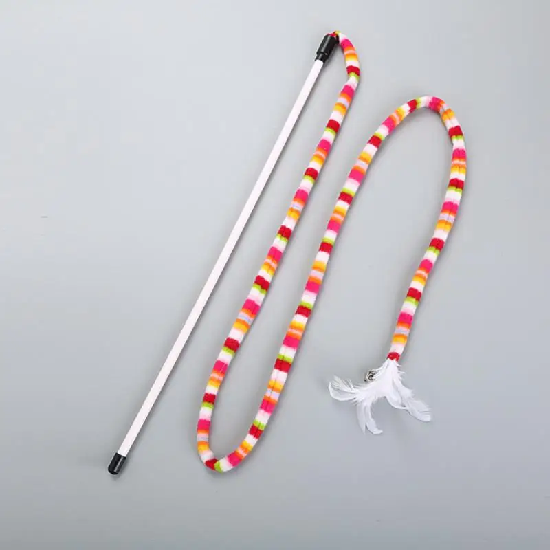 

Rainbow Snake Shape Cat Stick Funny Head With Ring Box Interactive Cloth Short Plush Feather Cat Toys Playing Pet Products