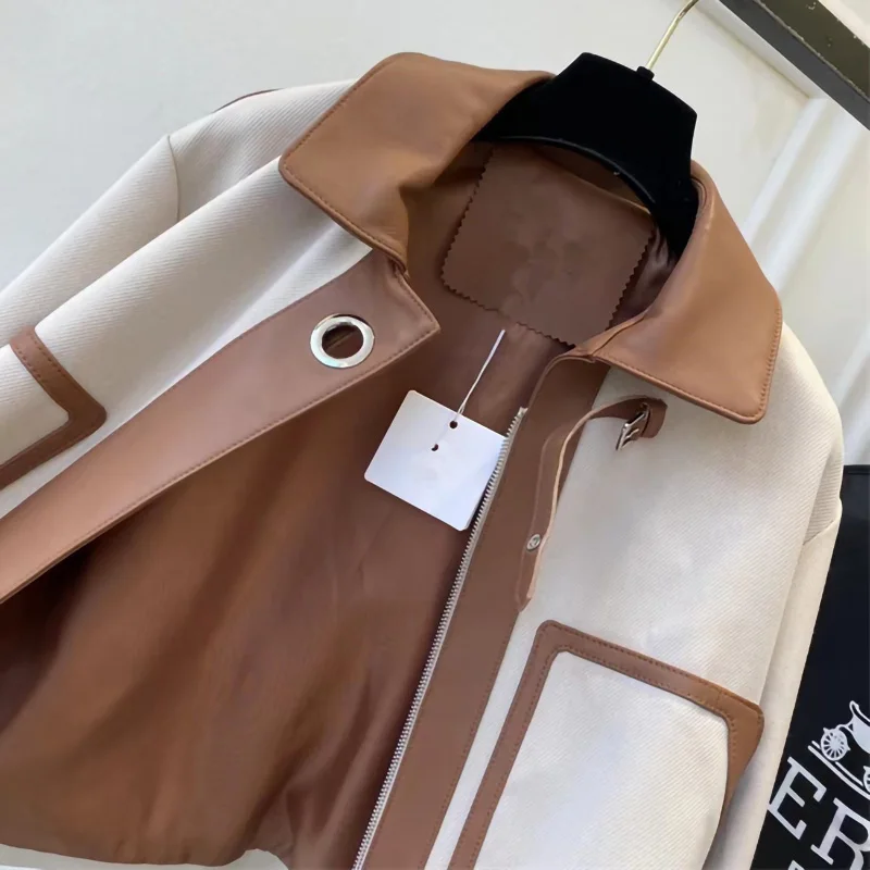 2023 Women's Real Leather Jackets Patchwork Zipper Luxury Short Coats Elegant Fashion Autumn Winter ZM4973