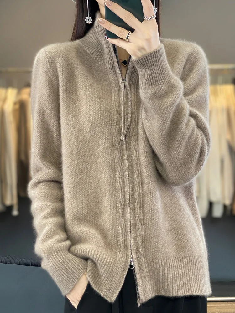 Женский кардиган из 100% мериносовой шерсти с воротником-стойкой