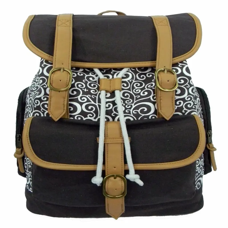 K-Cliffs Unisex Canvas Printed Laptop Backpack in Black/Grey with Brown Trim