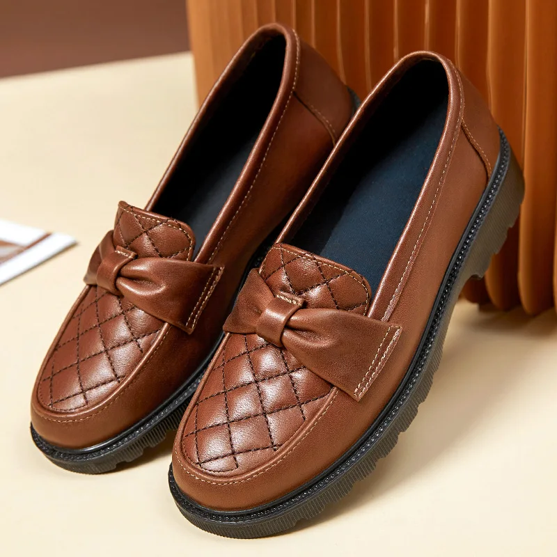 

New Fashion Women Leather Loafers PU Women's Ballet Flats Bow Lolita Shoes Thick Sole England Elegant Ladies Shoes Moccasins