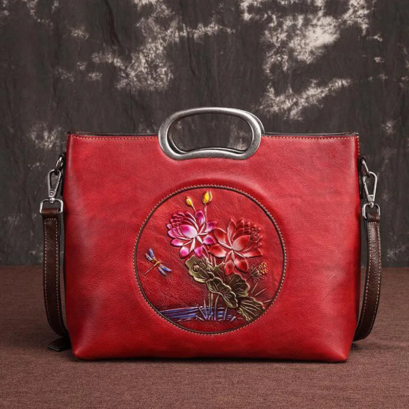 Top-Handle Bags Vintage Cowhide Tote Bags Female Handbag Embossed Floral Pattern Large Capacity Genuine Leather Messenger Shou