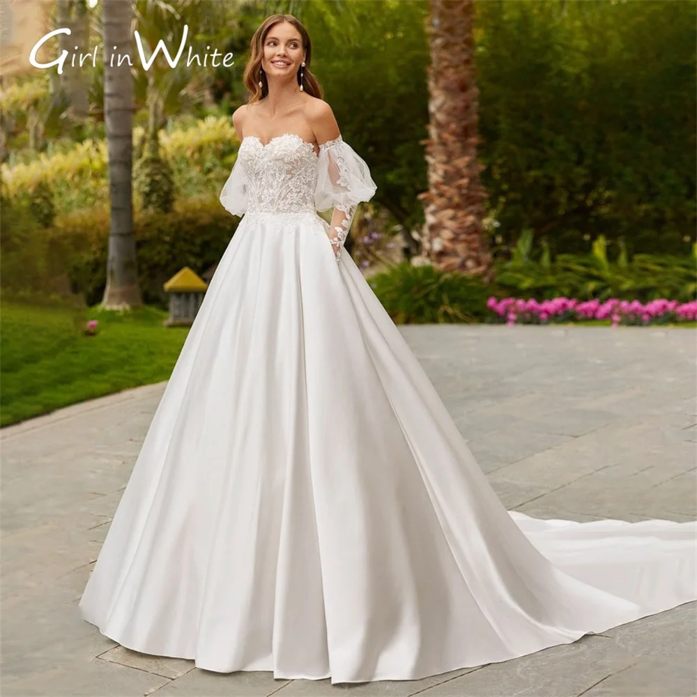 

New Romantic Lace Wedding Dresses A-Line Bride Robes Court Train Sweetheart Neck Bridal Gowns Off The Shoulder Vestido De Novia