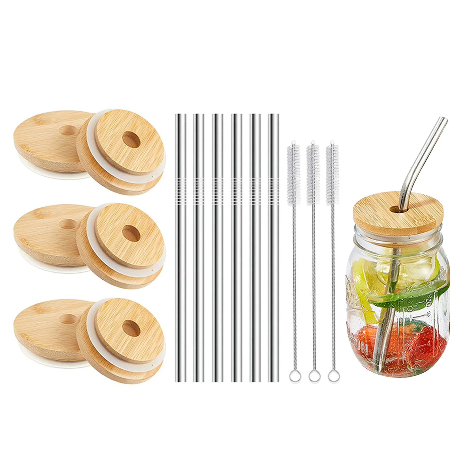 

6Pcs Reusable Bamboo Jar Lids Mason Jar Lids With Straw Hole Cup Lids For Wide Mouth Mason Jar 6 Stainless Steel Straws & 3