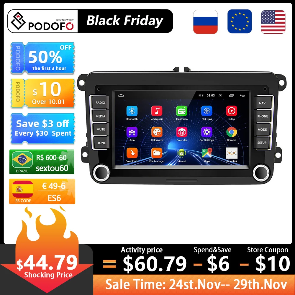 Podofo 2 Din Android 10 Radio Car Multimedia Player Carplay For VW/Volkswagen/Golf/Polo/Tiguan/Passat/b6/SEAT/leon/Skoda/Octavia