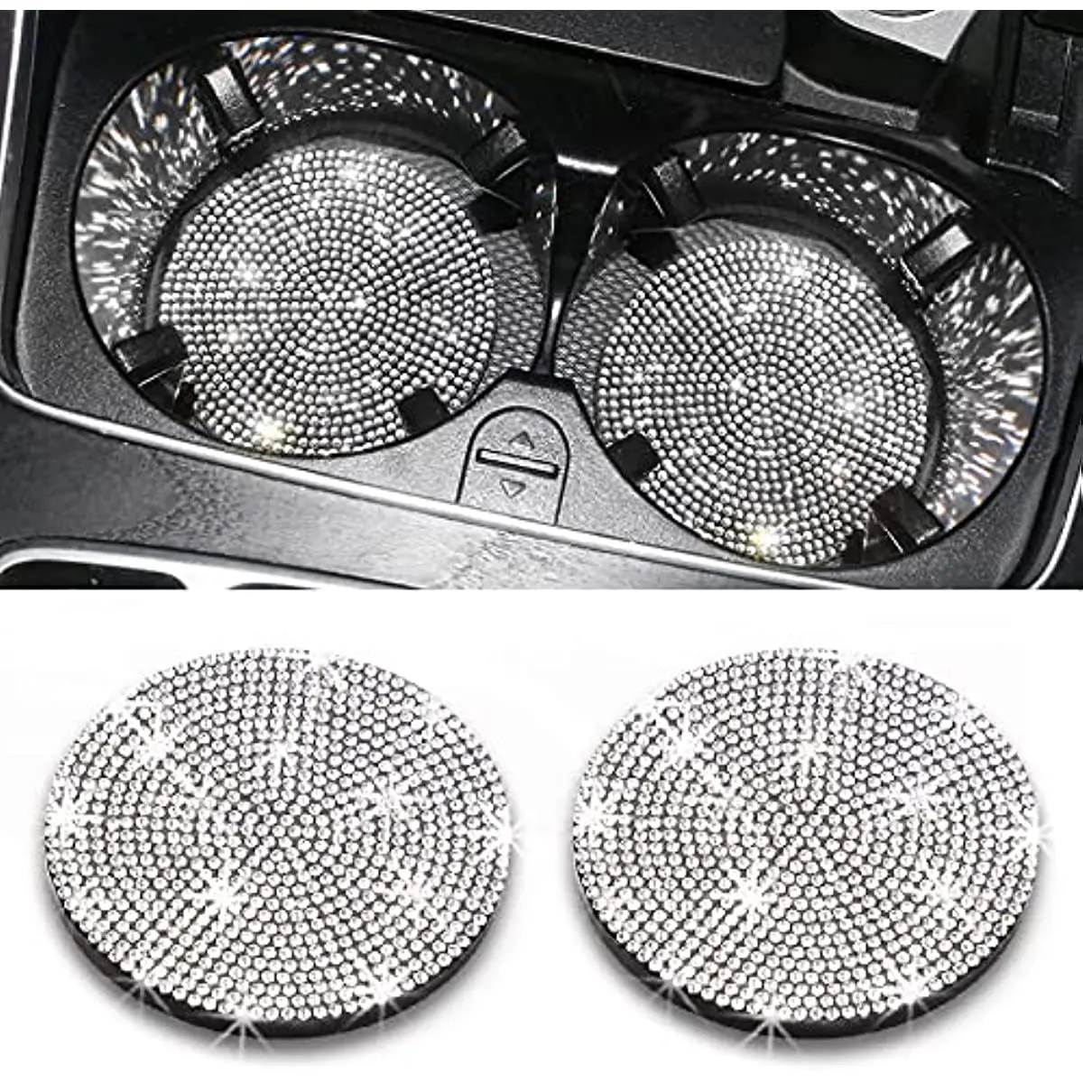 

Bling Car Coasters for Cup Holder 2 Pack Universal Silicone Cup Holder Insert Crystal Rhinestone Car Interior Accessories