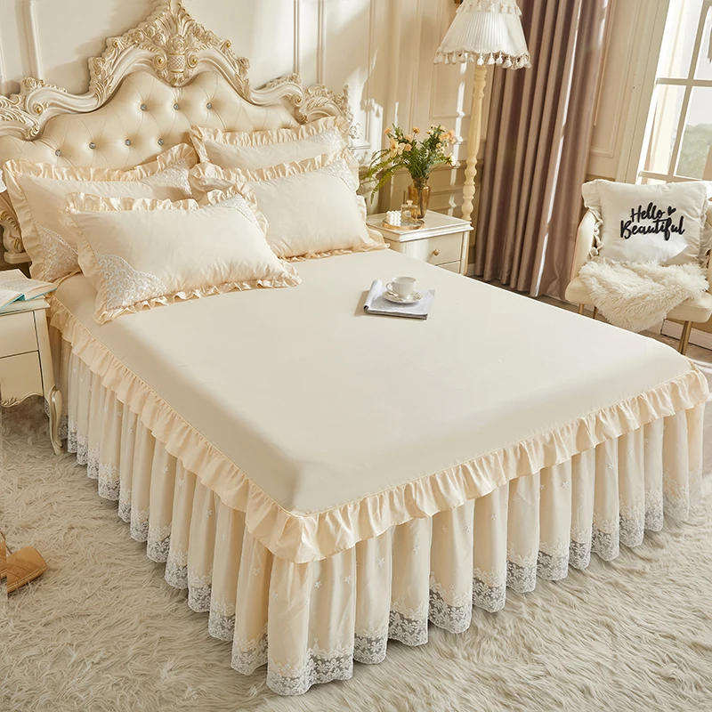 

Beige 100% Cotton Princess Bedding:1pc Bed Skirt+2pc Pillowcases,Romantic Lace Ruffle Bedspread Quilted Mattress Cover Sheet