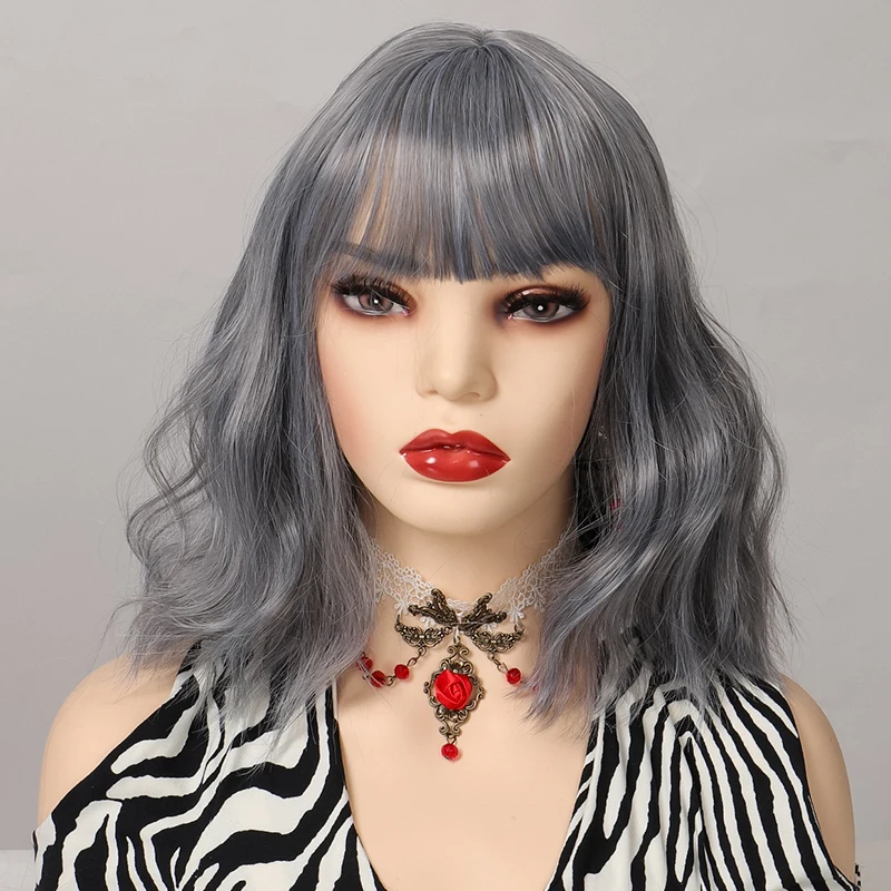 MANWEI Short Natural Wave Synthetic Hair Wig With Free Bangs  Heat Resistant Fiber Wigs For Black/White Women