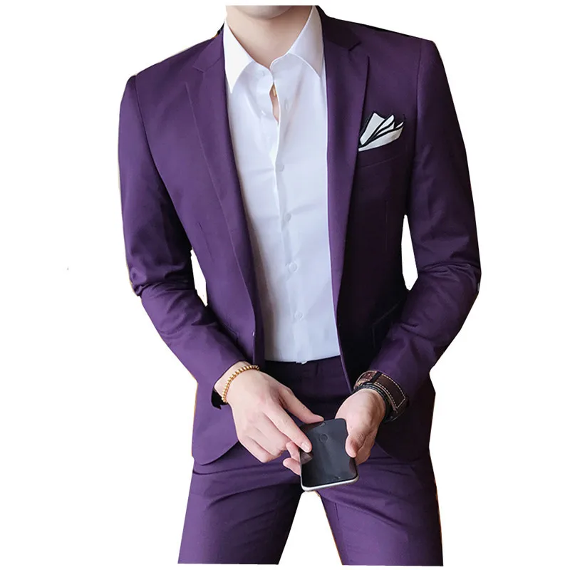 

Мужской облегающий костюм из 2 предметов, фиолетовый свадебный костюм для жениха с одной пуговицей, смокинг для вечеринки и выпускного вече...