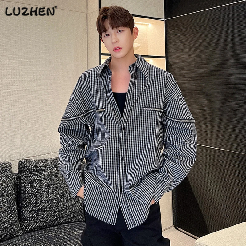 

LUZHEN 2023 Trendy Handsome Loose Plaid Splicing Zipper Decorate Casual Shirts Coat Autumn New Fashion Long Sleeve Tops 011715