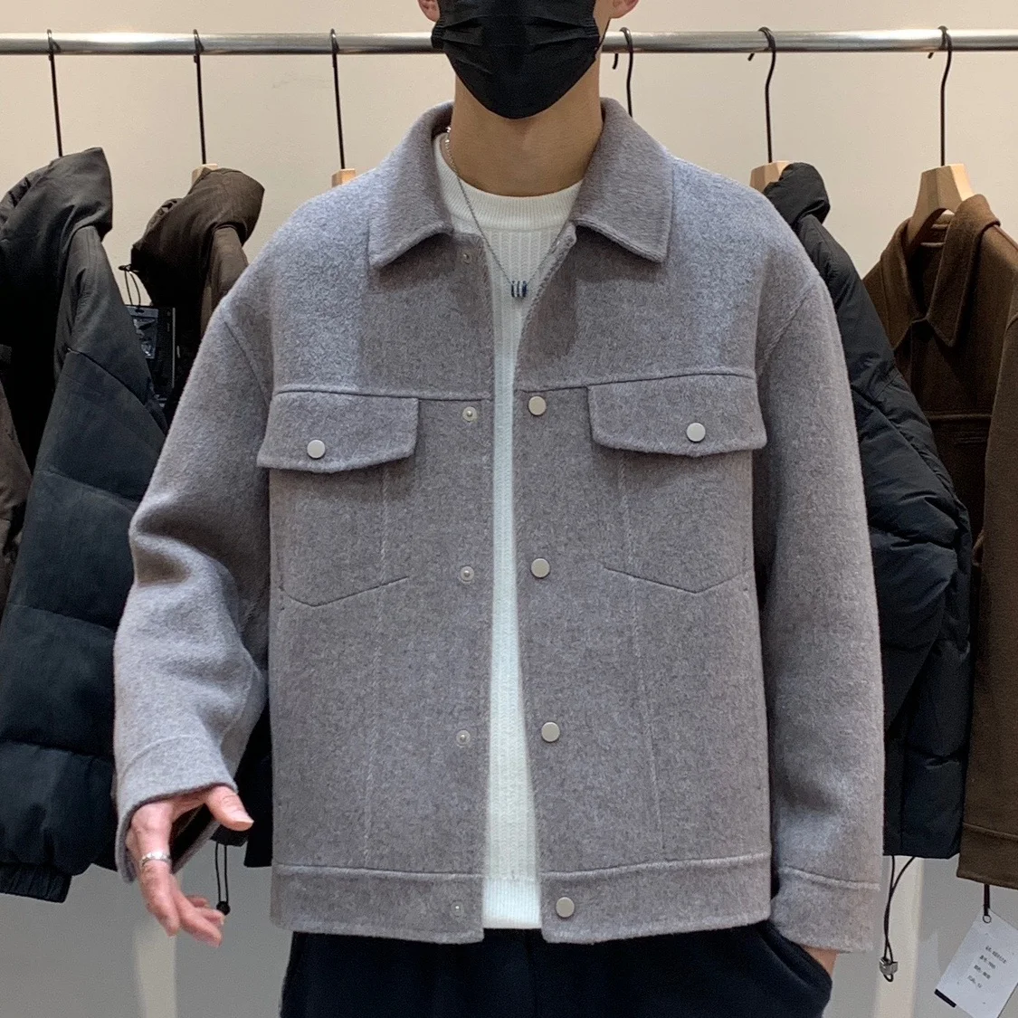 Зимнее рекламное корейское мужское двустороннее шерстяное пальто с лацканами