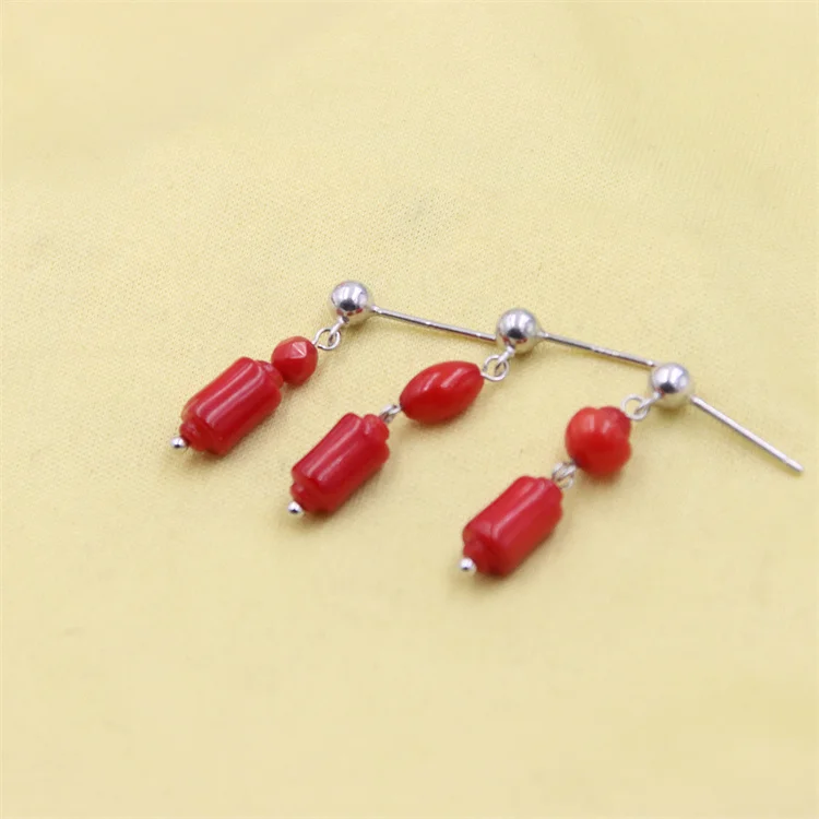 

ZFSILVER Fashion Mushroom Cylinder Natural Love Red Sea Bamboo Coral Earring 925 Sterling Silver For Women Charms Dangle Jewelry