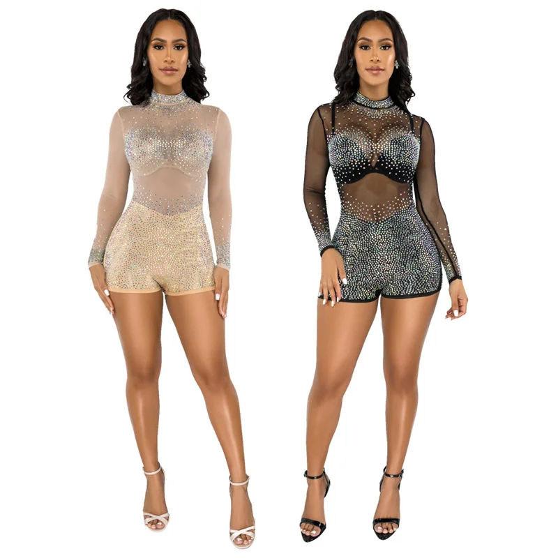 Sexy Lace Jumpsuit for Women Bodycon Long Sleeve Ruffle Mesh See Short Club Party One Piece Rompers Bodysuit