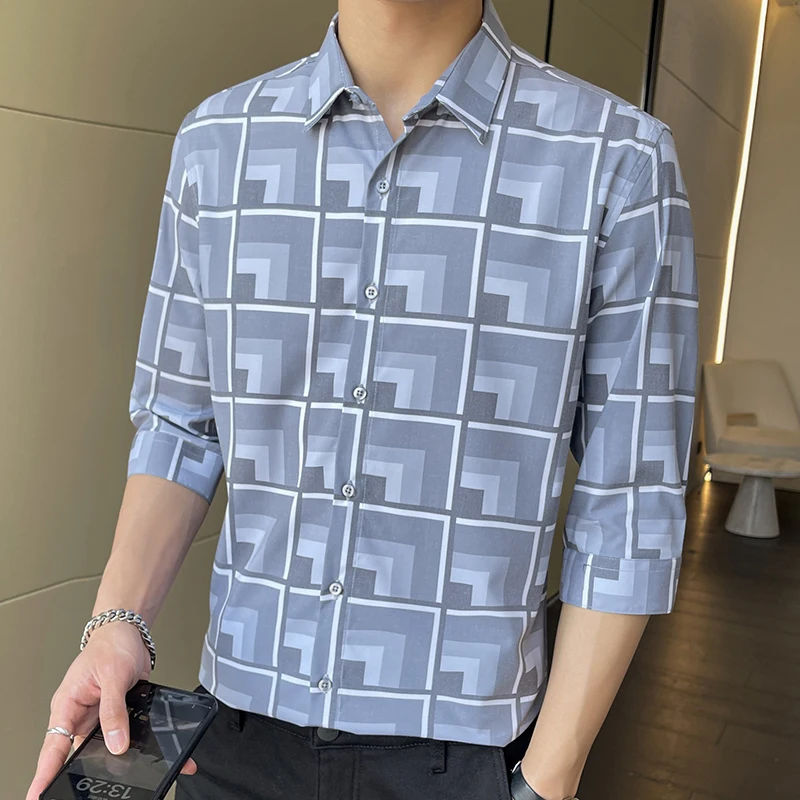 

New Fashion Shirt Men's Slim Three-quarter Sleeved Shirt Casual Business Comfortable Dress Party Print Shirt Tops