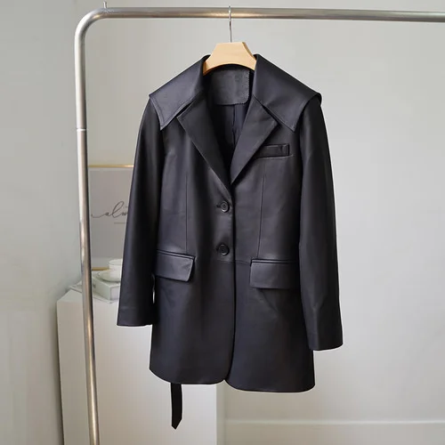 

Куртка женская демисезонная из натуральной овечьей кожи с поясом и отложным воротником