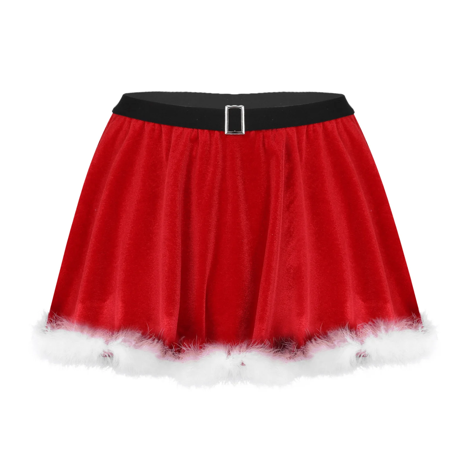 

Womens Santa Claus Skirts Christmas Costume Feather Trim Velvet Ruffled Miniskirt Xmas New Years Rave Party Performance Dress Up