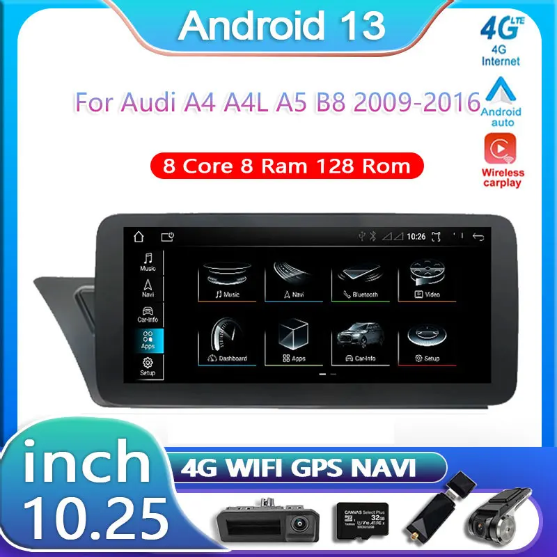 

10.25 Inch Android 12 Radio Player For Audi A4 A4L A5 B8 2009-2016 Car Touch Screen Carplay Monitors Multimedia Audio Speacker