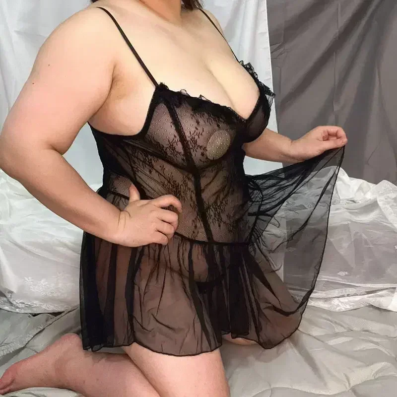 Фото Нижнее белье Plussize, сексуальная черно-белая женская ночная рубашка, кружевная сетчатая шнуровка, сексуальное платье-комбинация для горничной, трусики, 2 комплекта, сексуальная одежда для сна №4