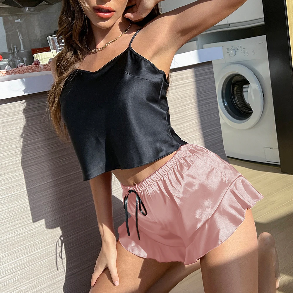 

Women Satin Silk Smooth Pajamas Suit Suspender V Neck Tops Ruffled Shorts 2pcs Sleepwear Sexy Casual Loose Comfortable Homewear
