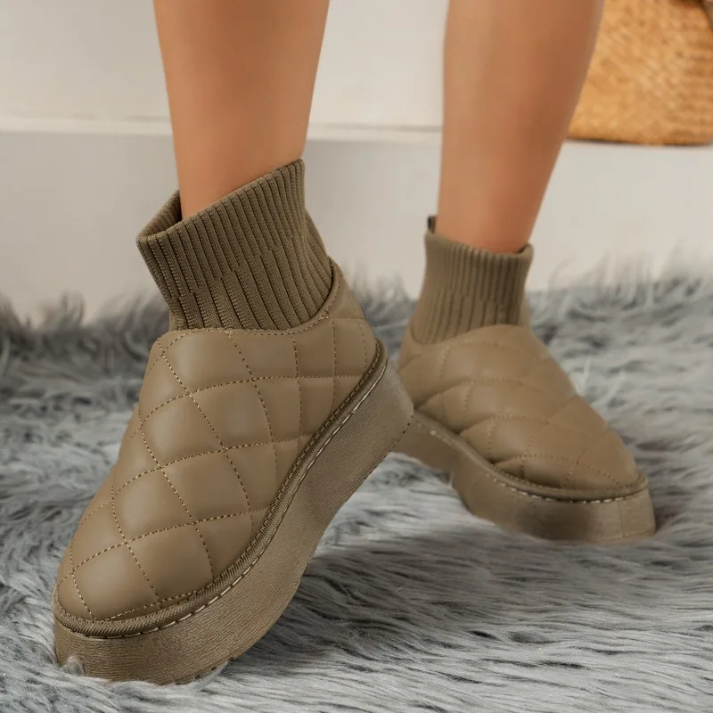 

2023 New Women's Shoes Knitted Ankle Women's Boots Warm Snow Boots Women Sewing Round Toe Stretch Slip-on Platform Shoes Ladies