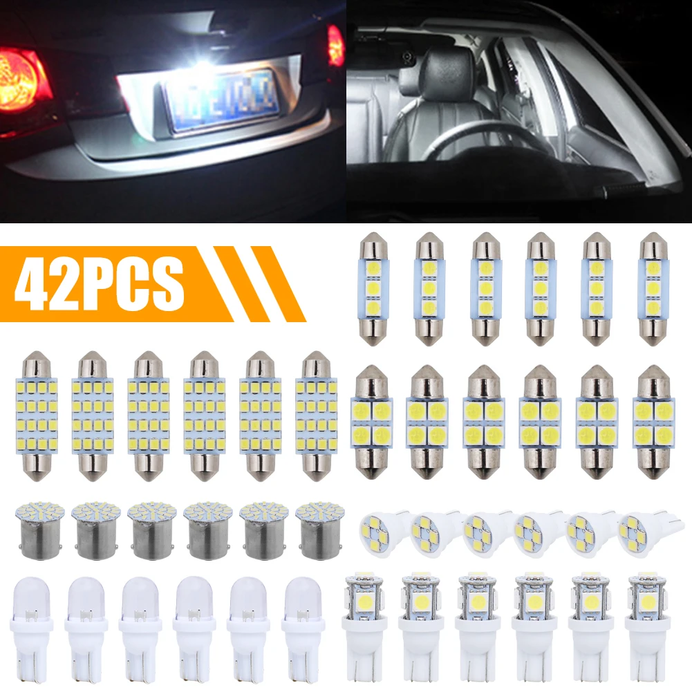 

42PCS Car Interior Light T10 W5W LED Bulb Combination 6000K White Interior Map Dome Door Trunk License Plate Light Accessories