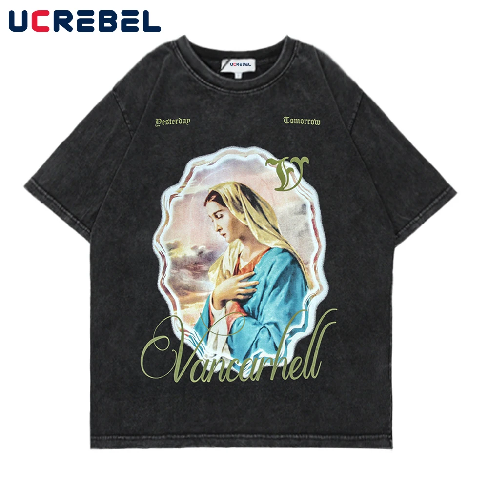 

Character Portrait Print Short Sleeve T-shirt Mens Streetwear Loose Half-Sleeve Summer High Street Distressed Casual Cotton Tee