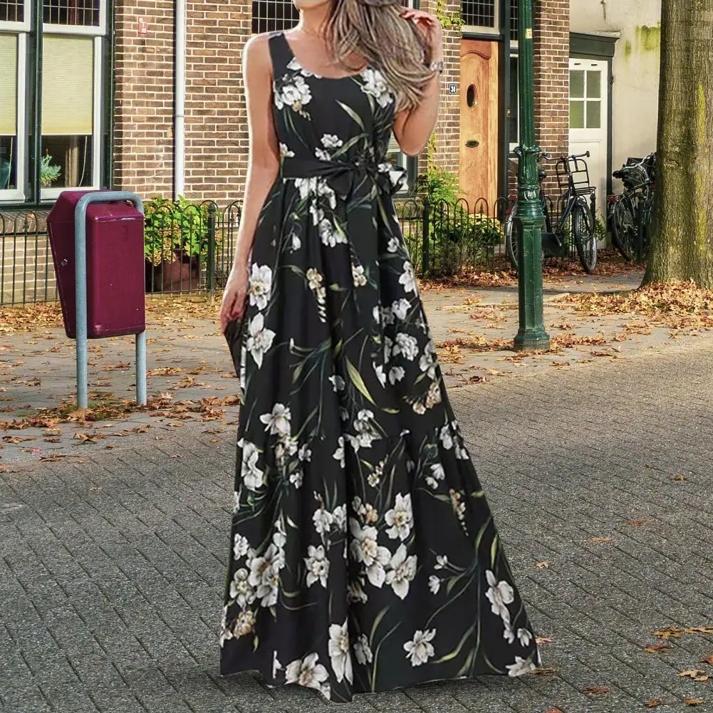 

Summer Bohemian Holiday Long Dress Floral Print Beach Dress Women Sleeveless Maxi Sundress Casual Loose Party Vestidos
