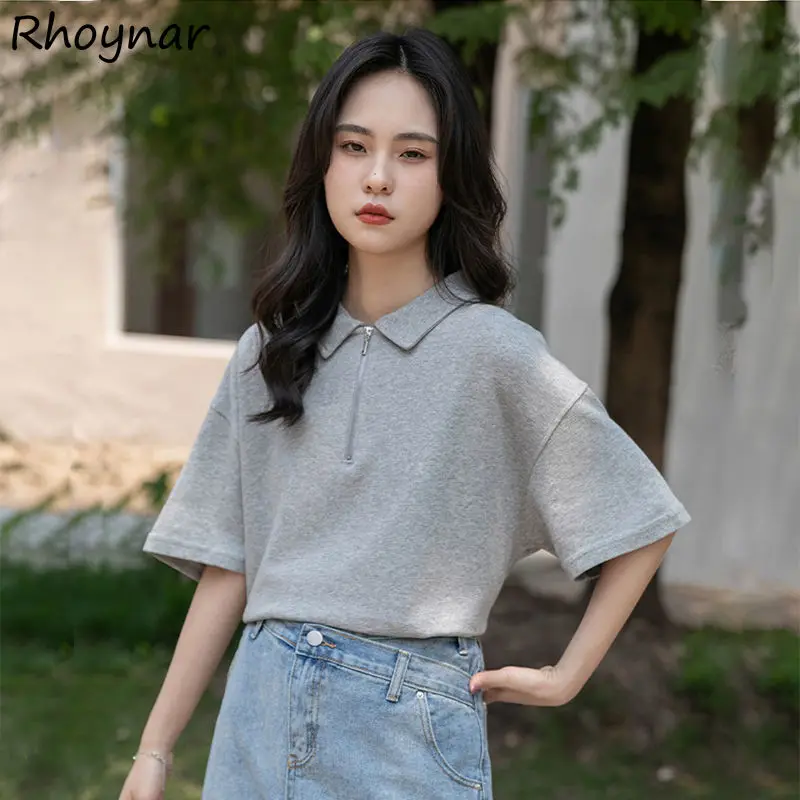 

Short Sleeve T-shirts Women Zipper Solid Cool Streetwear Gentle Basic All-match Korean Style Trendy Ins Casual футболка Retro BF