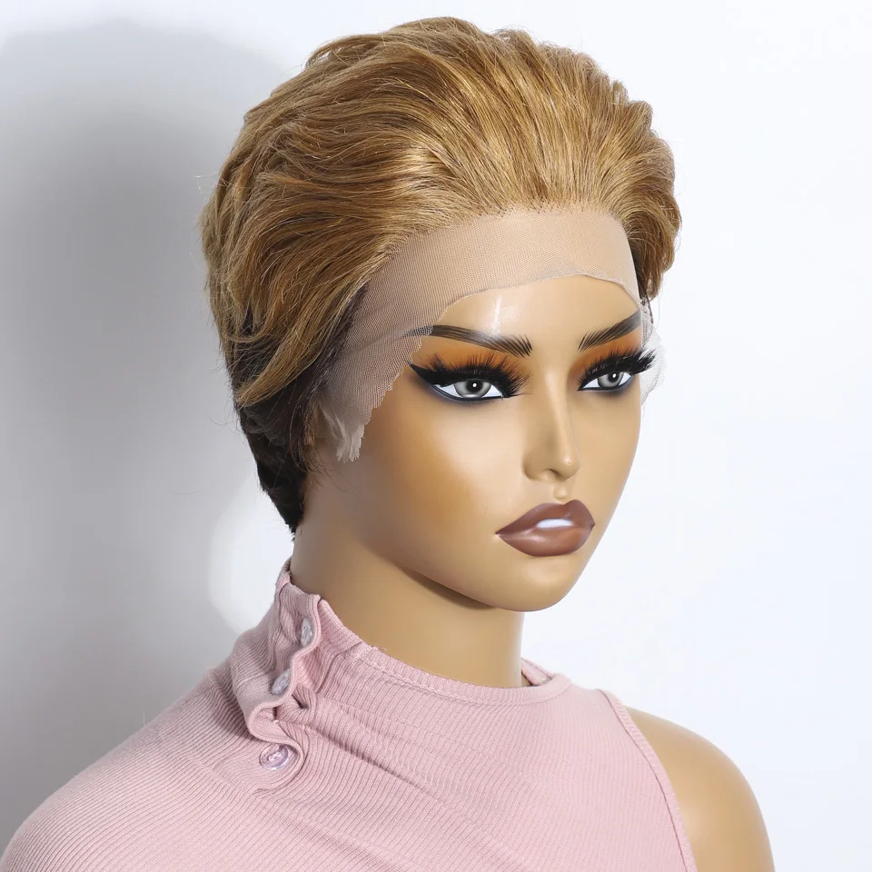 Фото Lekker Ombre Blonde Короткие стрижки пикси Прямые кружевные передние парики из 100% человеческих волос для женщин Бразильские волосы Remy Зачесанные назад парики Боб №2