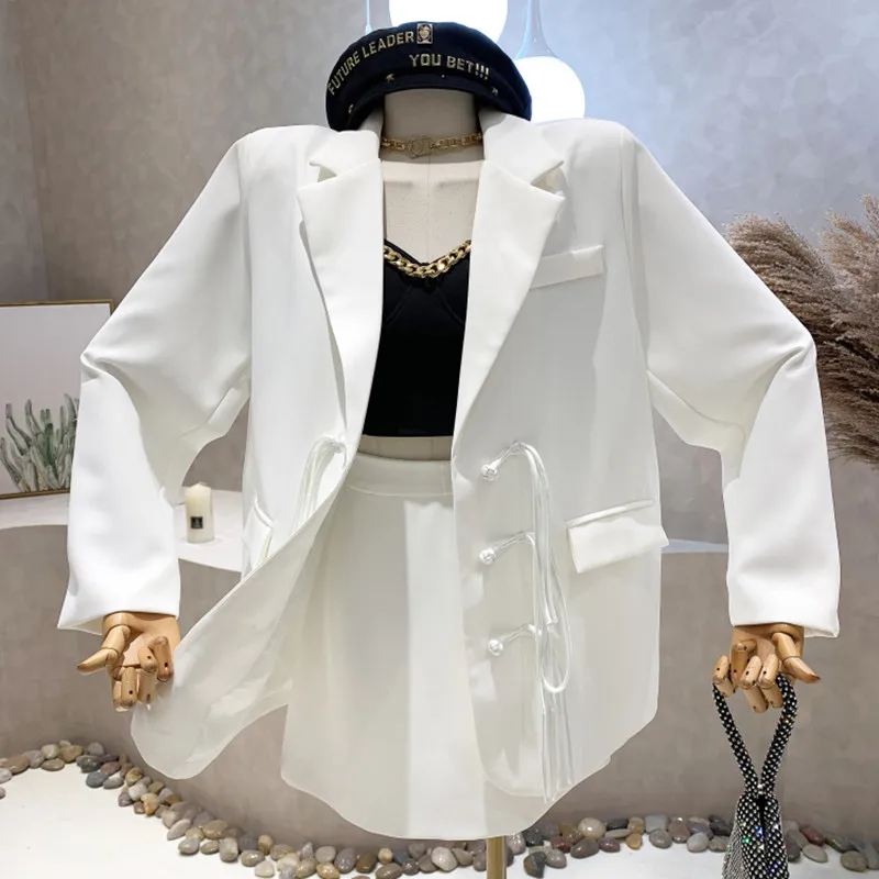 

Niche Design New Women Clothing 2022 Spring Medium Length Bandage Suit Blazers Jacket Coat Top + High Waist Skirt Two-piece Set